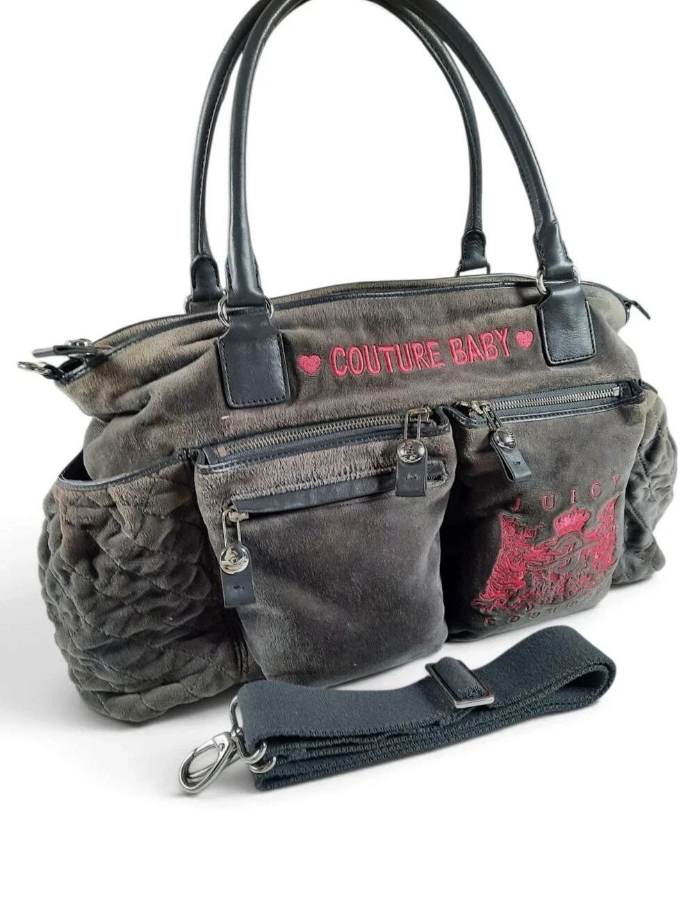 JUICY COUTURE Baby Bag Weekender Terry Velour Bib Duffle Crossbody Gray Pink Y2K